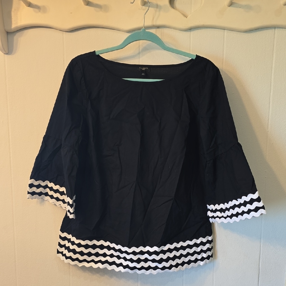 100% Cotton Talbots Blouse With Bell Sleeves Rick Rack Trim